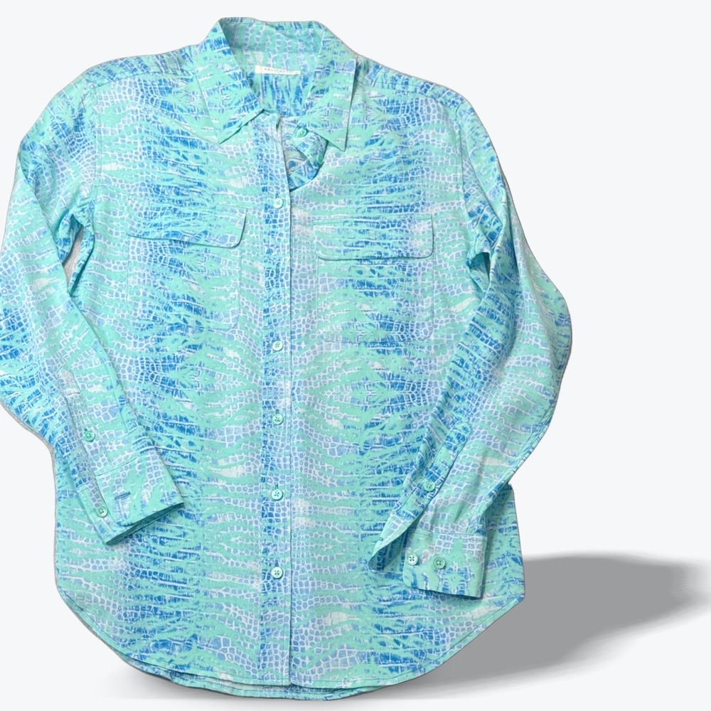 Equipment Femme Silk Button Down Shirt Vibrant Blue Green Croc Animal Print XS